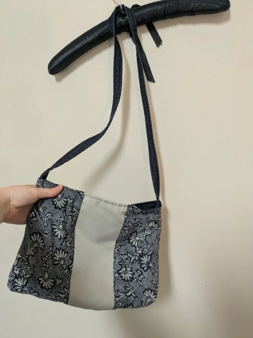handmade crossbody fabric purse bag navy blue tan